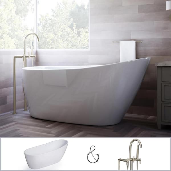 PELHAM & WHITE W-I-D-E Series Wakefield 60 in. Acrylic Slipper Freestanding Tub in White, Floor-Mount Faucet in Brushed Nickel