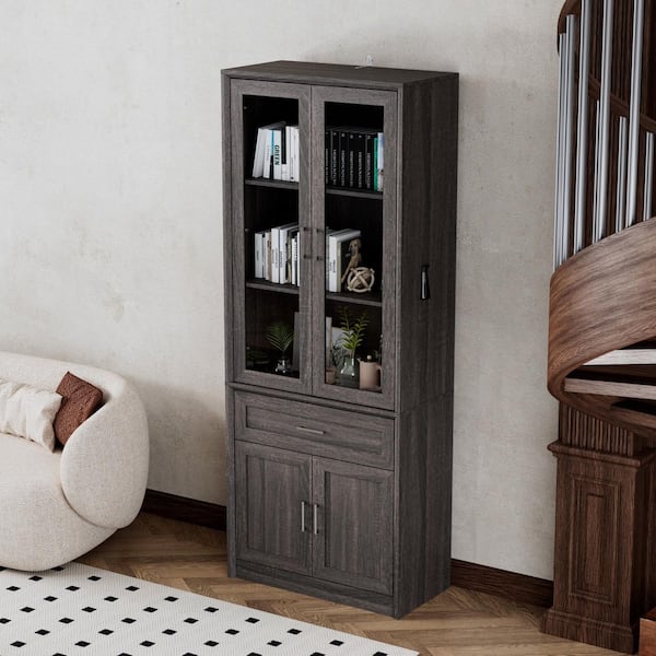 79.9 in. Tall Brown Wood Grain 4-Shelf Standard Bookcase, Strorage Cabinet with 2 Glass Doors and A Large Drawer