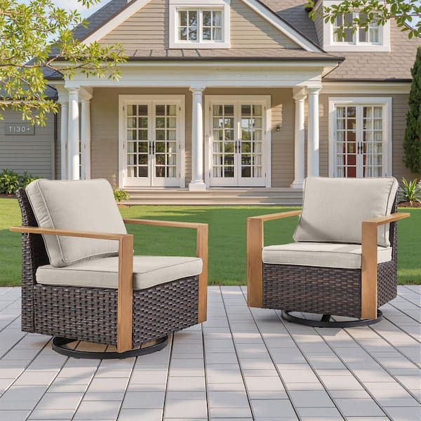 Bellefurn Kove 2-Person Brown All weather Wicker Outoor Glider Patio Swivel Chair with Deep Seat and Beige Cushions