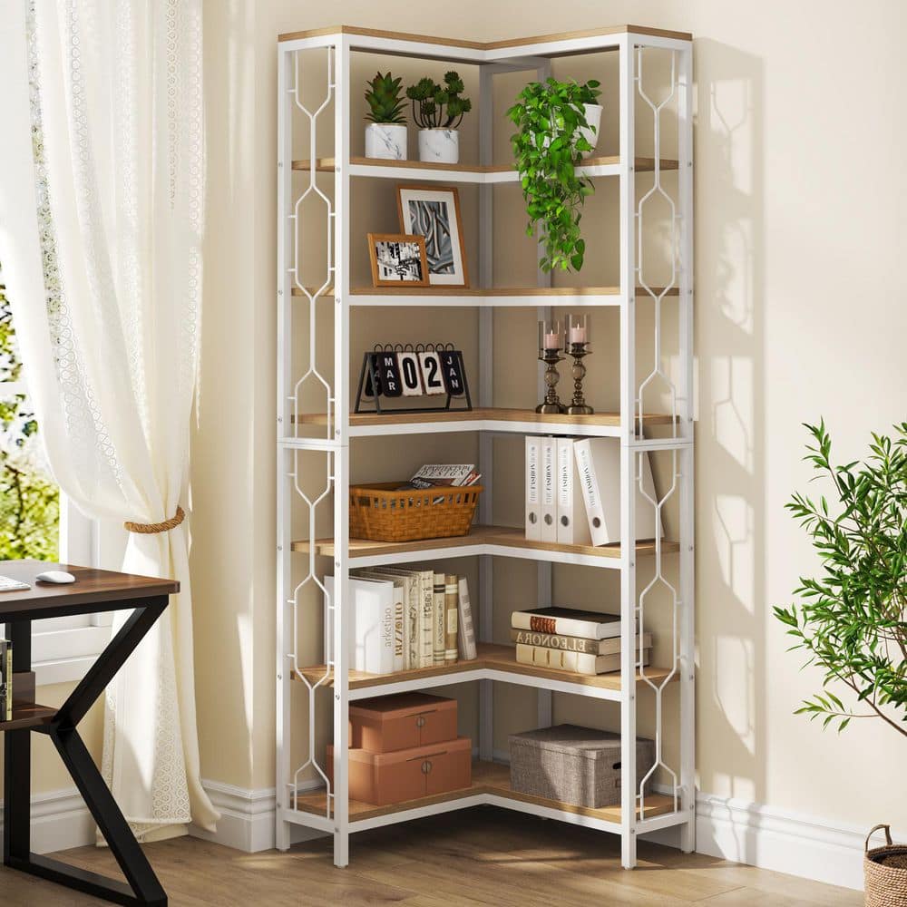 Frailey 78.7 in.Tall Light Brown Wood 14-Shelf Corner Bookcase, 7-Tier Industrial Corner Freestanding Bookshelf for Home price history on PriceWatchPro