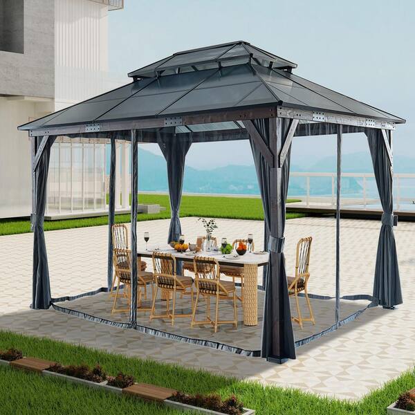 JimsMaison 10 ft. x 16 ft. Outdoor Black Cedar Wood Hardtop Patio Gazebo with Polycarbonate Double Roof with Curtain and Netting