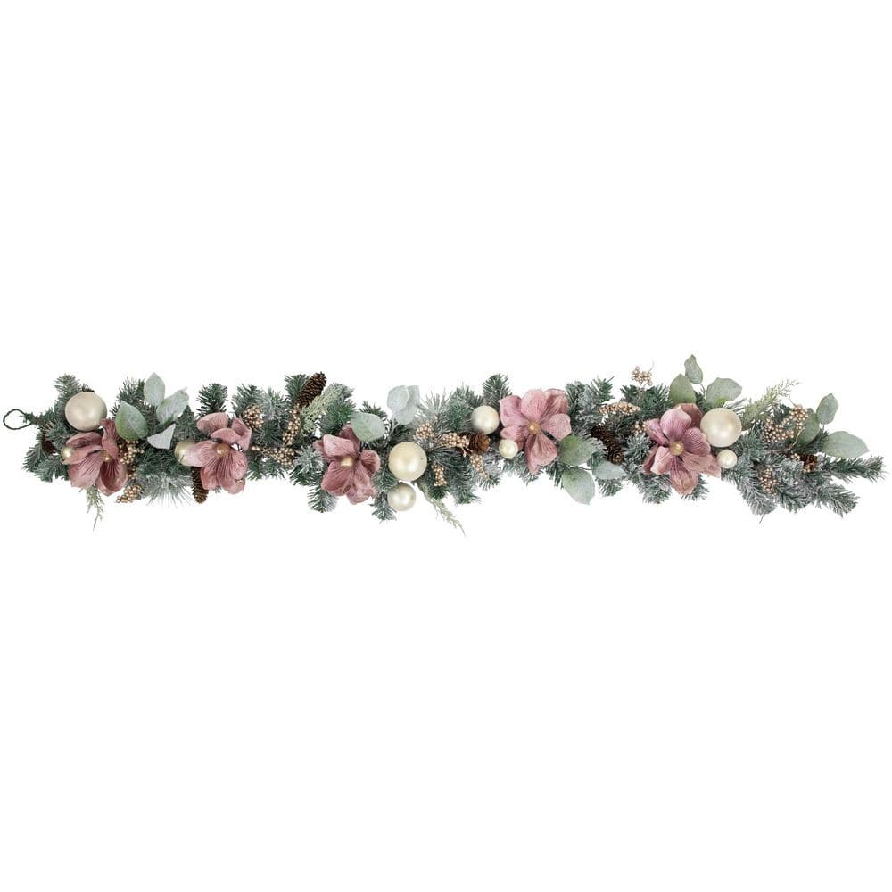 6 ft. Pink Floral and Ball Ornament Frosted Pine Artificial Christmas Garland - Unlit price history on PriceWatchPro