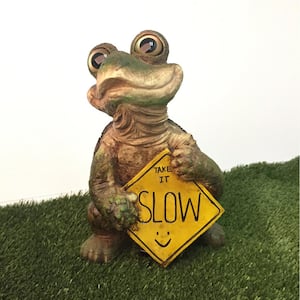 15 in. H Standing Whimsical Turtle with Take it Slow Caution Sign Home and Garden Statue