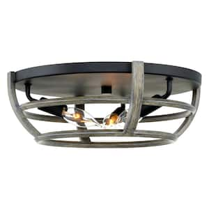 Hartley 15 in. 60-Watt 3-Light Black Farmhouse Flush Mount with Gray Oak Shade