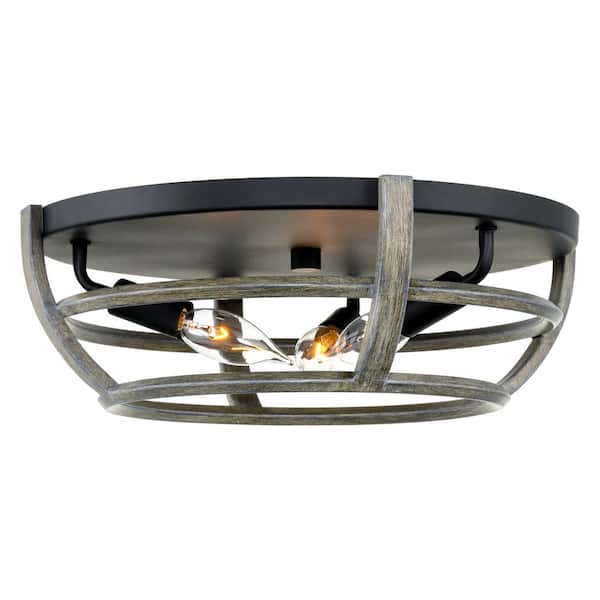 Kira Home Hartley 15 in. 60-Watt 3-Light Black Farmhouse Flush Mount with Gray Oak Shade