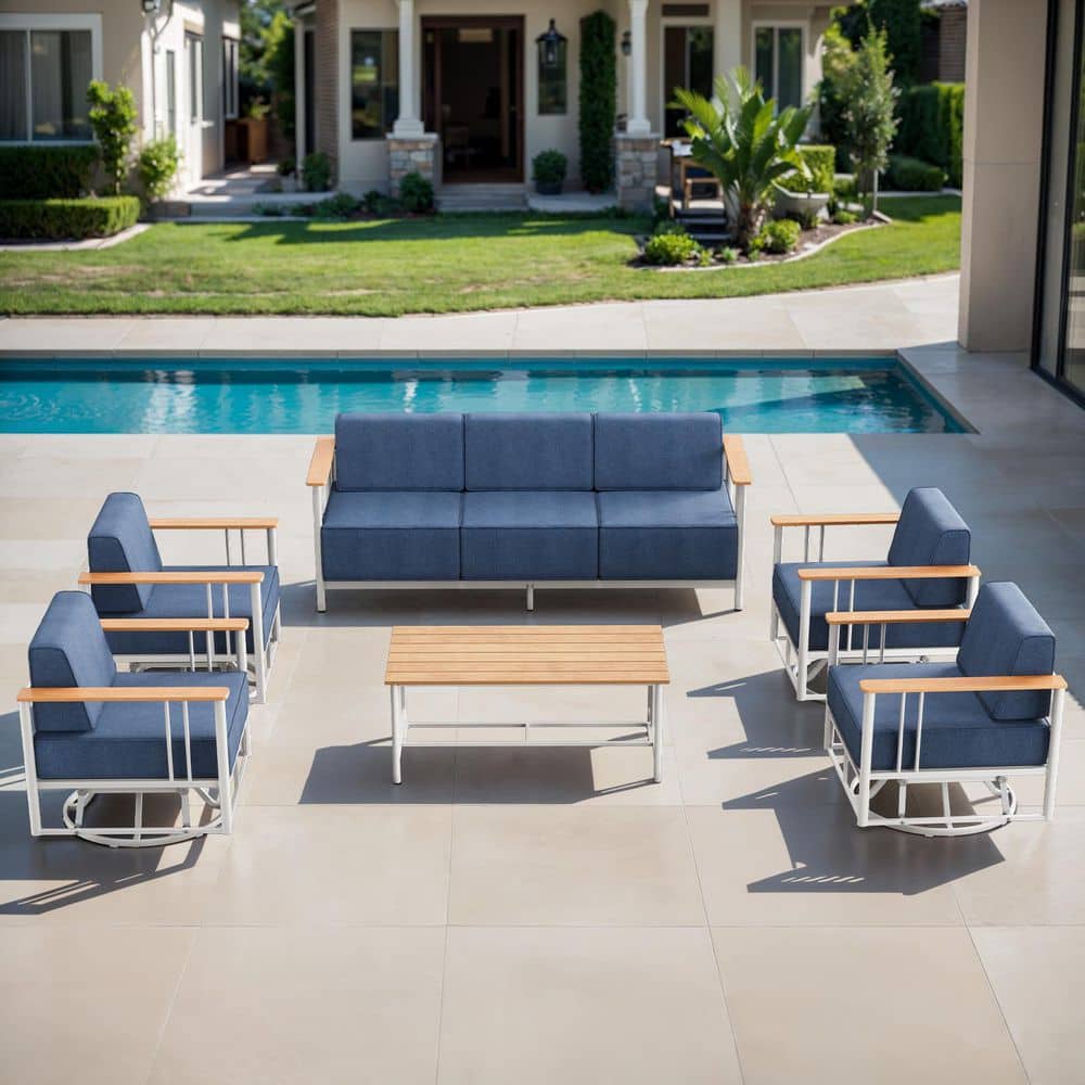 Puffin 6-Piece White Metal Patio Conversation Set with Sofa, Gliders, and 10 in. Thick Navy Blue Olefin Cushions price history on PriceWatchPro