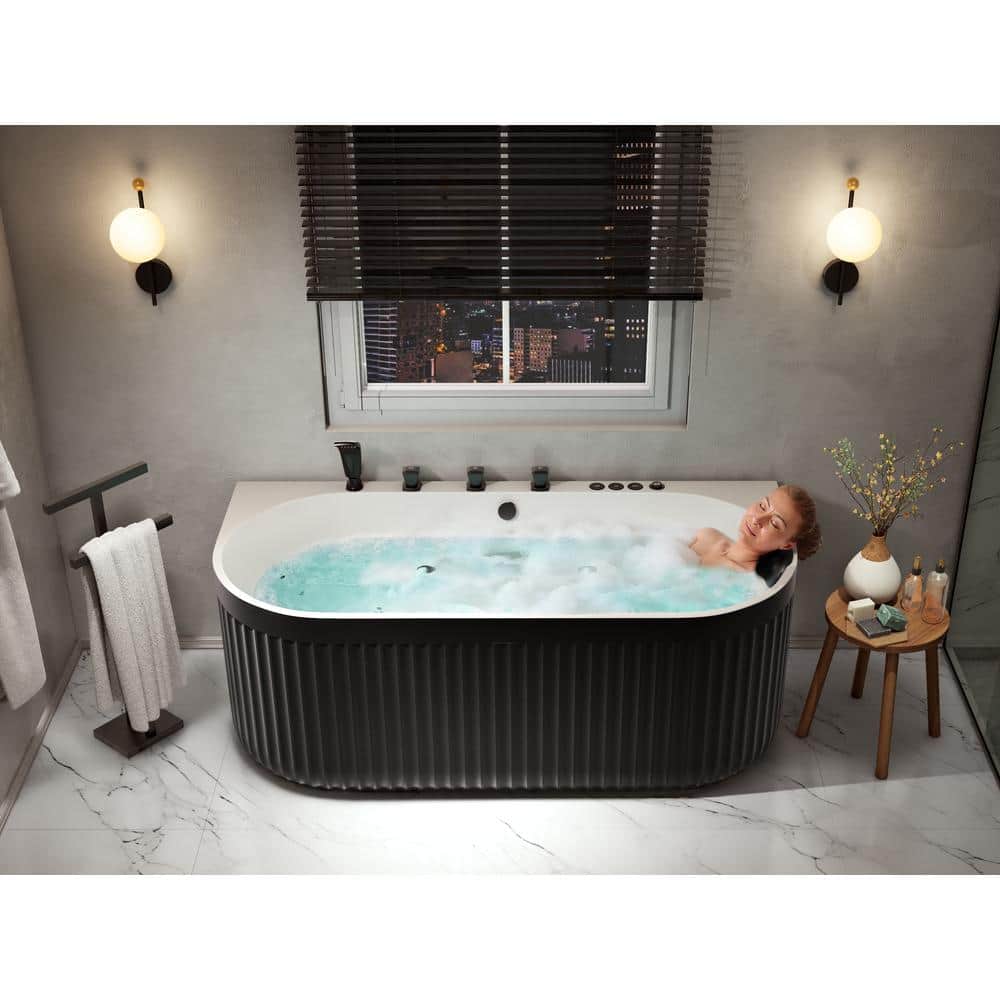 67'' Black and White Stone Resin Freestanding Oval Bathtub