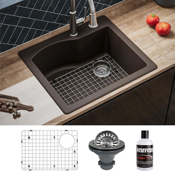 Karran QT-671 Quartz/Granite 25 in. Single Bowl Top Mount Drop-In Kitchen Sink in Brown with Bottom Grid and Strainer