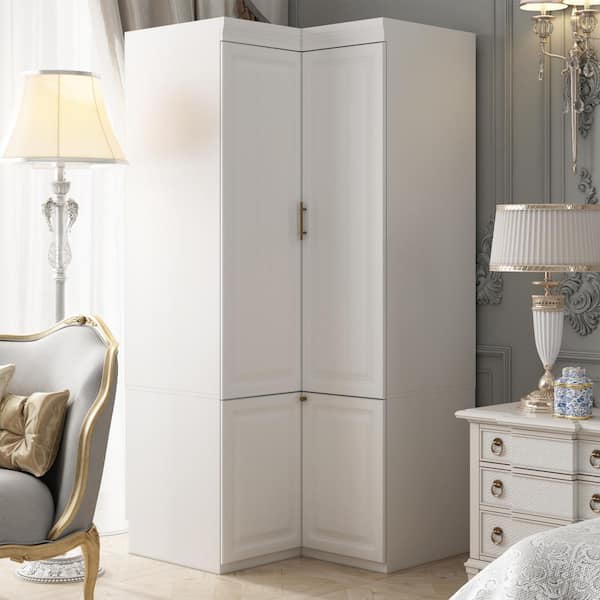 FUFU&GAGA White Wood 35.4 in. W 4-Door Corner Wardrobe Armoires with Hanging Rod, Storage Shelves 74.2 in. H x 35.4 in. D