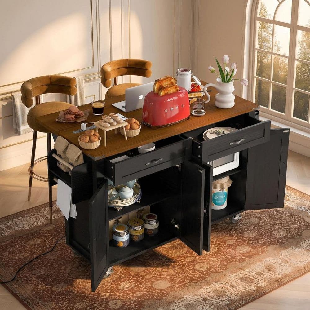 Classic Black Wood 53.5 in. Power Outlet Drop Leaf Kitchen Island Rolling Cart with Spice Rack and 2-Drawer