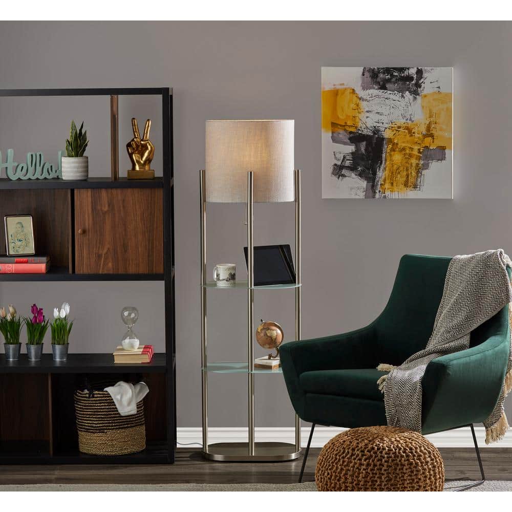 Brushed Steel Floor Lamp with Gray White Shade and Shelves