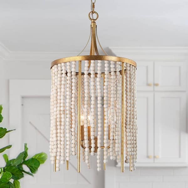 3-Light Antique Gold Chandelier with White Wood Beads