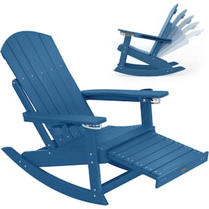 Navy Plastic Adirondack Outdoor Rocking Chair with Retractable Ottoman and Cup Holders