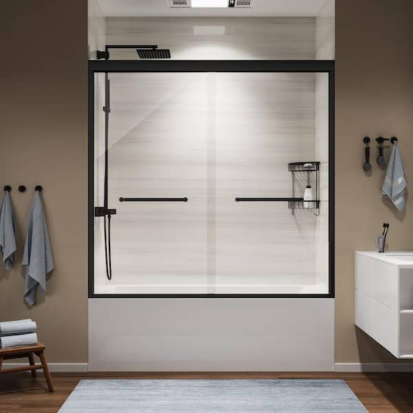 Xspracer Hoven 60 in. W x 58 in. H Sliding Framed Tub Door in Matte Black with 5/16 in. Clear Glass