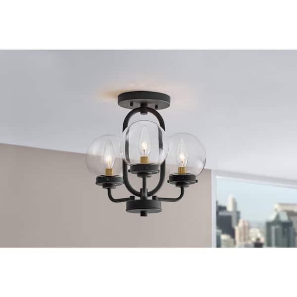 Elmstone 14 in. 3-Light Matte Black and Gold Semi-Flush Mount with Clear Glass Shades