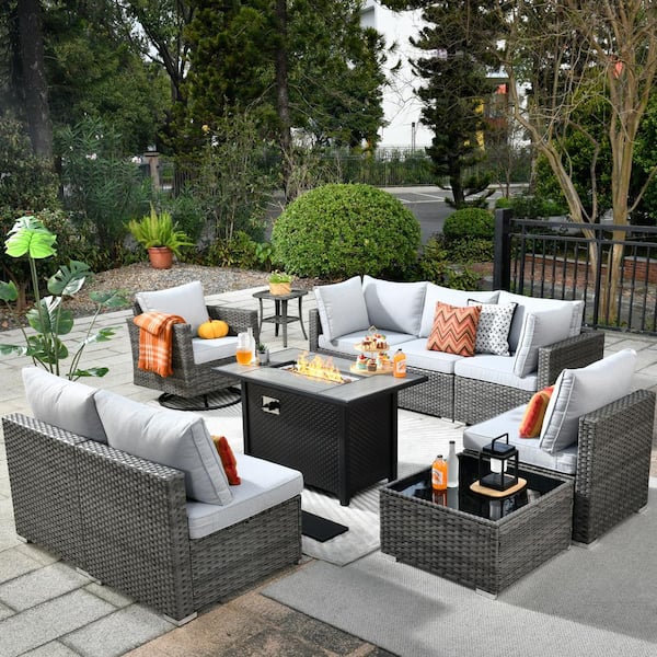 Toject Sanibel Gray 10-Piece Wicker Patio Conversation Sofa Set with a Swivel Chair, a Metal Fire Pit and Light Gray Cushions