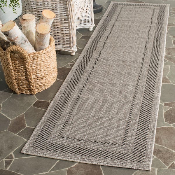 Courtyard Beige/Black 2 ft. x 8 ft. Striped Indoor/Outdoor Patio  Runner Rug