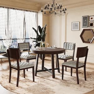 Rustic Style 5-Piece Espresso and Gray Fabric Round Wood Dining Table Set with 4 Upholstered Dining Chairs
