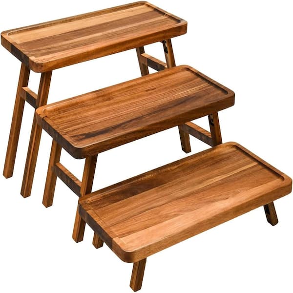 3-Tier Acacia Wood Cake Stand with Integrated Foldable Legs and Separate Multi-Level Serving Trays