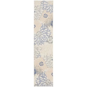 Passion Ivory Grey Blue 2 ft. x 10 ft. Floral Contemporary Runner Area Rug