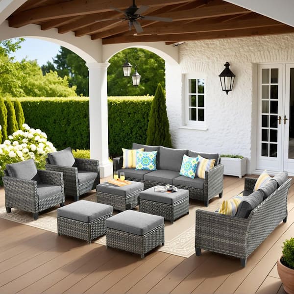 OVIOS New Vultros Gray 8-Piece Wicker Outdoor Patio Conversation Seating Set with Dark Gray Cushions