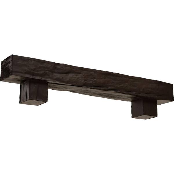 Ekena Millwork 6 in. x 6 in. x 6 ft. Riverwood Faux Wood Fireplace Mantel Kit, Alamo Corbels, Natural Mahogany