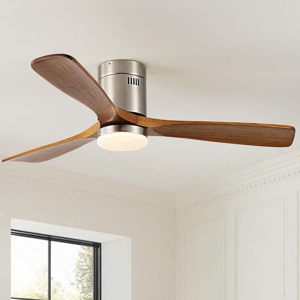 52 in. Indoor Nickle Farmhouse Flush Mount LED Ceiling Fan with Light and Remote Fandelier for Living Room 3-Wood Blades