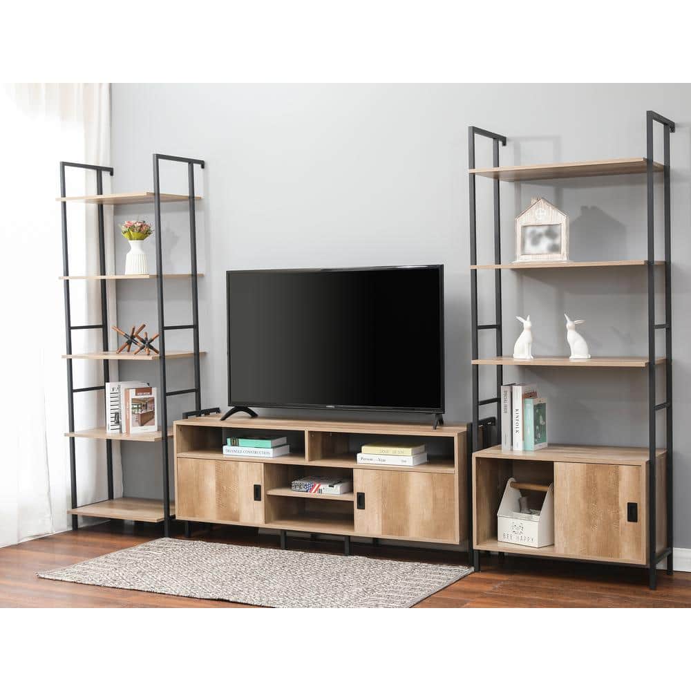 Light Oak and Black 5-Shelf Industrial Etagere Bookcase
