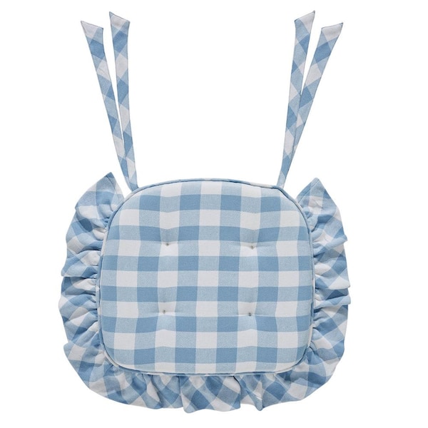 VHC BRANDS Annie Dusk Blue, Soft White Buffalo Check Ruffled Chair Pad