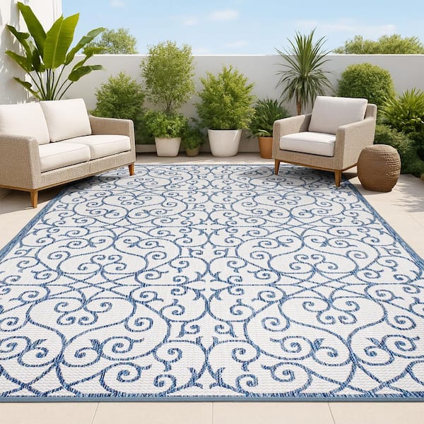 JONATHAN Y Madrid Vintage Filigree Textured Weave Blue/Cream 5 ft. x 8 ft. Indoor/Outdoor Area Rug