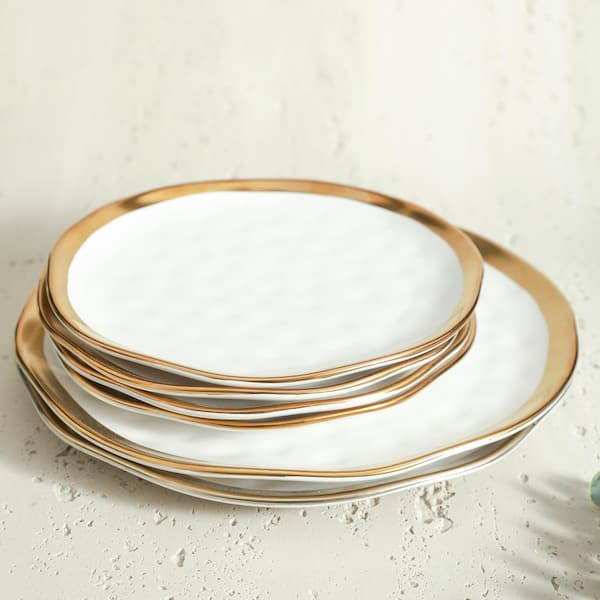  MALACASA Bone China Dinnerware Set, 16 Piece Plates and Bowls  Sets with Golden Rim, White Plate Set with Dinner Plate, Dessert Plate,  Soup Plate and Cereal Bowl, Dish Set for 4