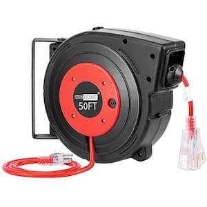 SuperHandy Industrial Retractable Extension Cord Reel - 14AWG x 100' ft, 3 Grounded Outlets, Max 13A