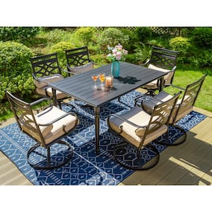 7-Piece Metal Patio Outdoor Dining Set with Black Frame Slat Table and Swivel Chair with Beige Cushions