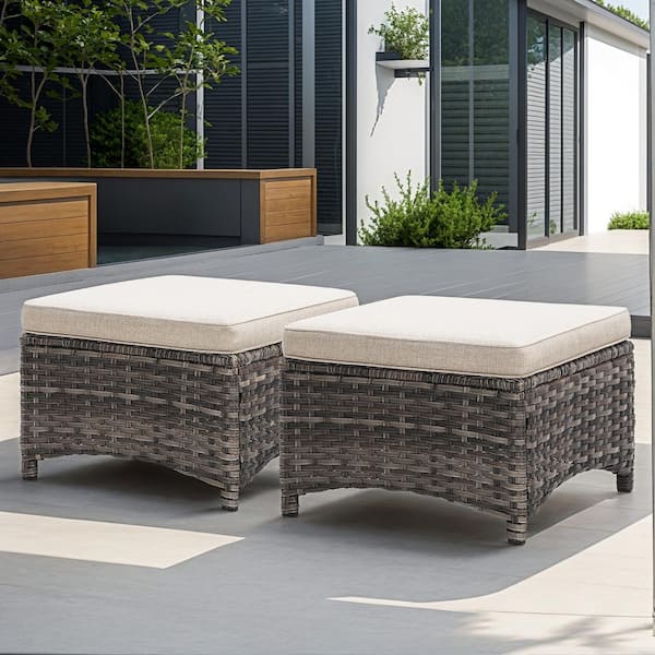 Wicker Outdoor Patio Ottoman with Beige Cushions (Set of 2)