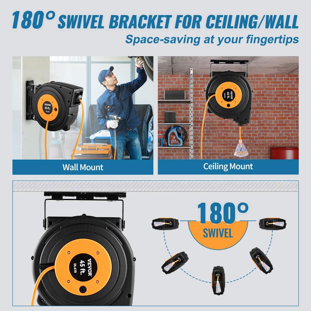45 ft Black and Orange Retractable Extension Cord Reel