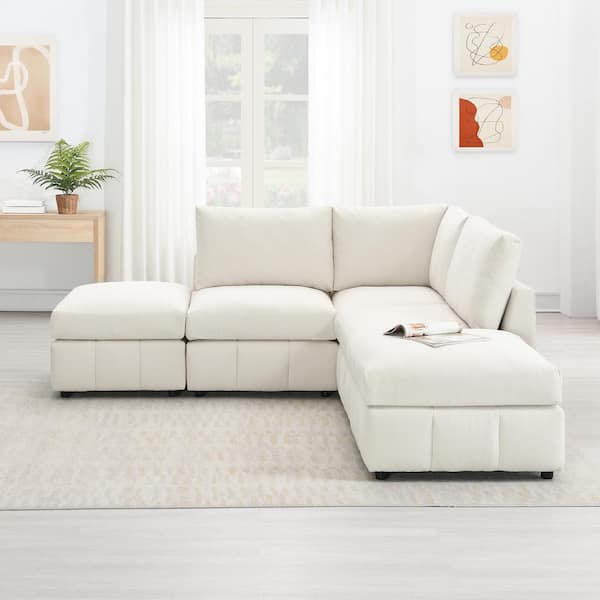 sumyeg 93 in. Modern L-Shaped Polyester Sectional Sofa in Beige with Convertible Ottomans
