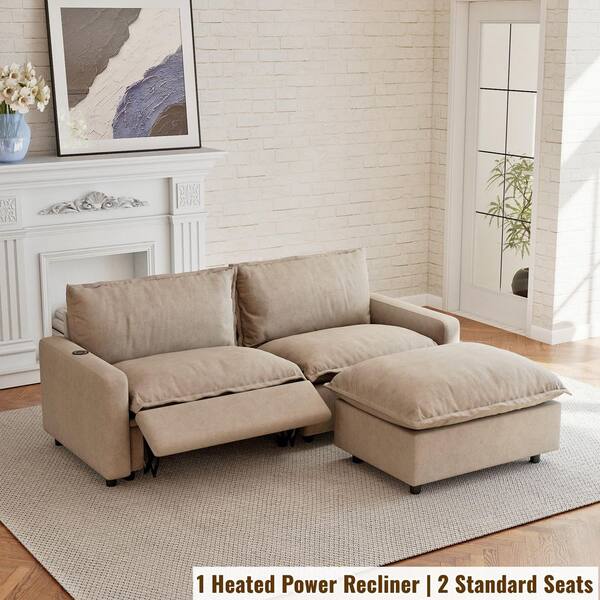 83 in. Power Recliner 3-Pieces Loveseat Sofa with Thicken Sofa Deep Seat, Ottoman, Heating, USBandType-C Ports in Khaki