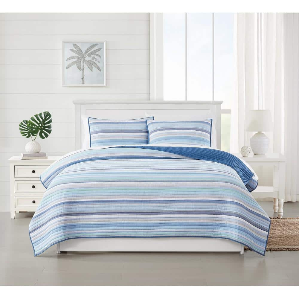 Oceanfront Resort Clearwater Yarn Dye Cotton Stripe 3 Piece Full/Queen Quilt Set