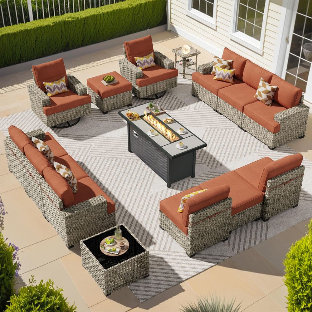 Eden Vine 15 Pieces Wicker Rectangular Fire Pit Sets and Swivel Rocking Chairs with Orange Red Cushion price history on PriceWatchPro