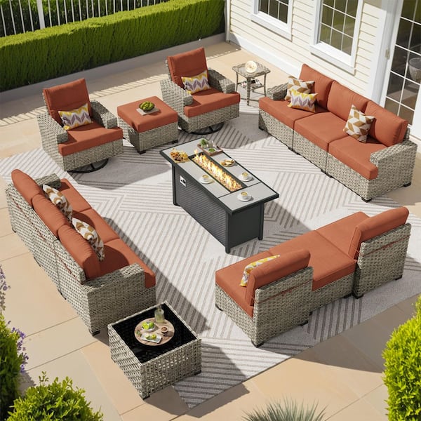 Eden Vine 15 Pieces Wicker Rectangular Fire Pit Sets and Swivel Rocking Chairs with Orange Red Cushion