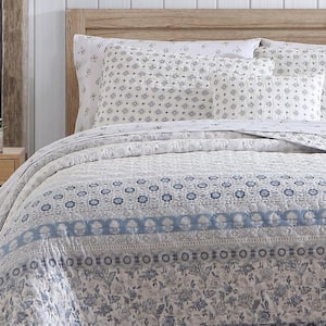 Home Decorators Collection 3-Piece Lake Blue Floral Tonal Block Print Cotton  Full/Queen Quilt Set PHC-140-22 - The Home Depot