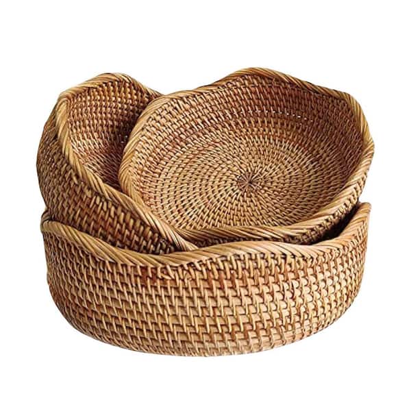 Brown Rattan Bread Basket, Round Fruit Baskets for Kitchen Counter Organizing, Set of 3