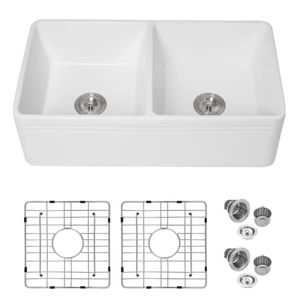 33 in. Farmhouse Double Bowl 50/50 Glossy White Fire Clay Kitchen Sink with Smooth or Striped 2-Sided