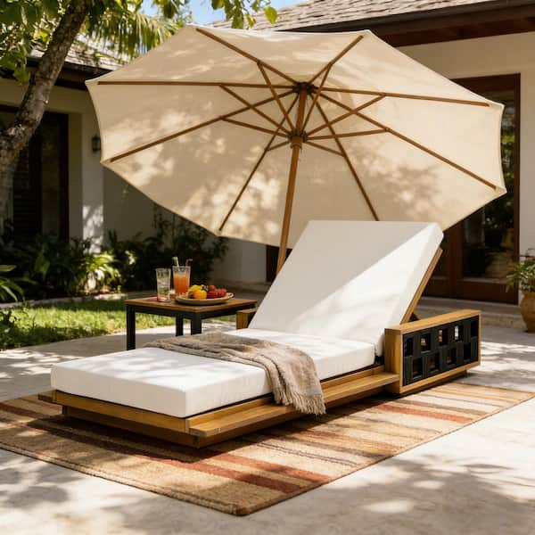 Iliana Teak Finish Solid Wood and Black Rope Weave Patio Outdoor Chaise Lounge with Cream Cushions, Adjustable Backrest