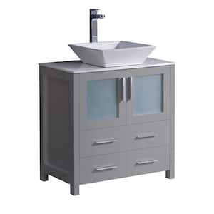 Torino 30 in. Bath Vanity in Gray with Glass Stone Vanity Top in White with White Vessel Sink