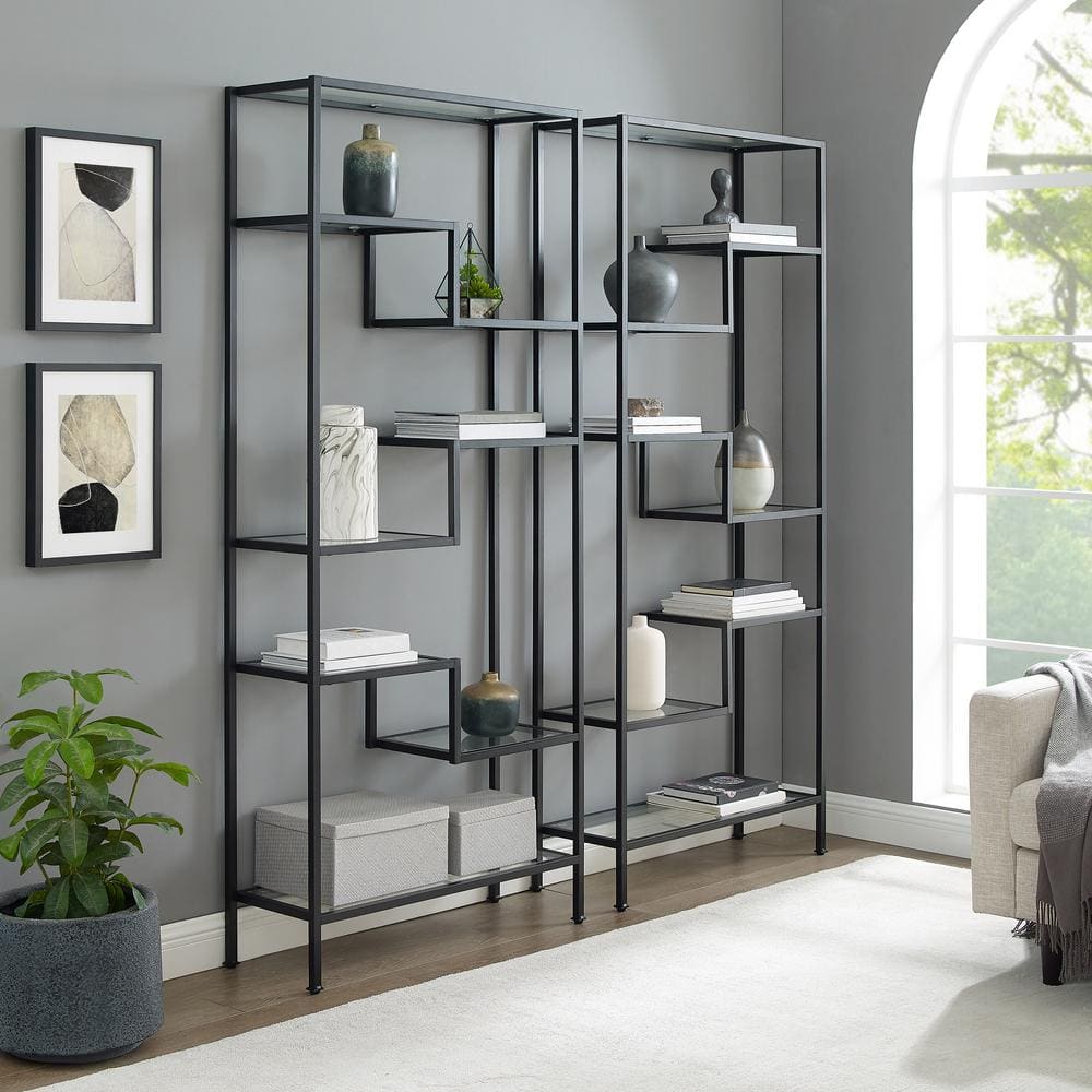 Sloane 83'' Matte Black Modern Glass Etagere