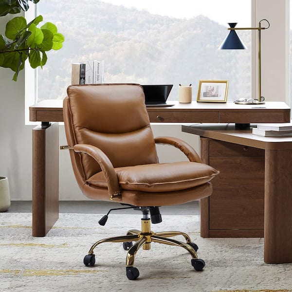JAYDEN CREATION Calel Camel Genuine Leather Swivel Office Chair