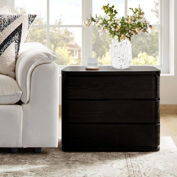 Alduara Black 3 Drawers 30 in. W Nightstand with Built-In Power Station