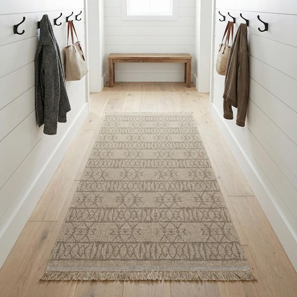 Naturalistic Adobe Natural-Brown 3 ft. x 10 ft. Casual Flatwoven Geometric Polypropylene Runner Indoor/Outdoor Area Rug