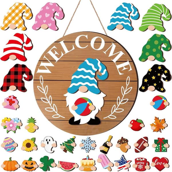 Unbranded Seasonal Gnome Interchangeable Decor 12 in. x 12 in. Round by Wooden Wall Art Multicolor